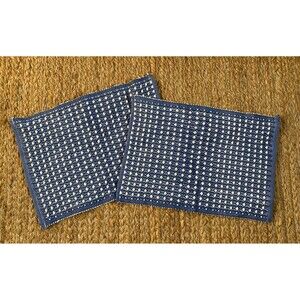 Pair Brooks Brothers Blue White Cotton Woven Placemats Geometric Waffle Pattern